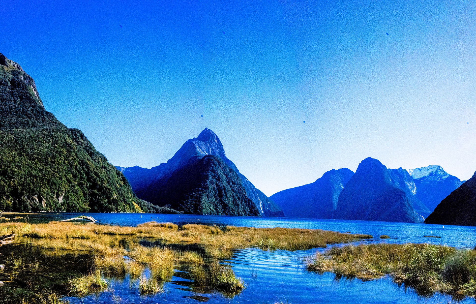 Mitre Peak and waterfalls at Milford Sound, New Zealand
